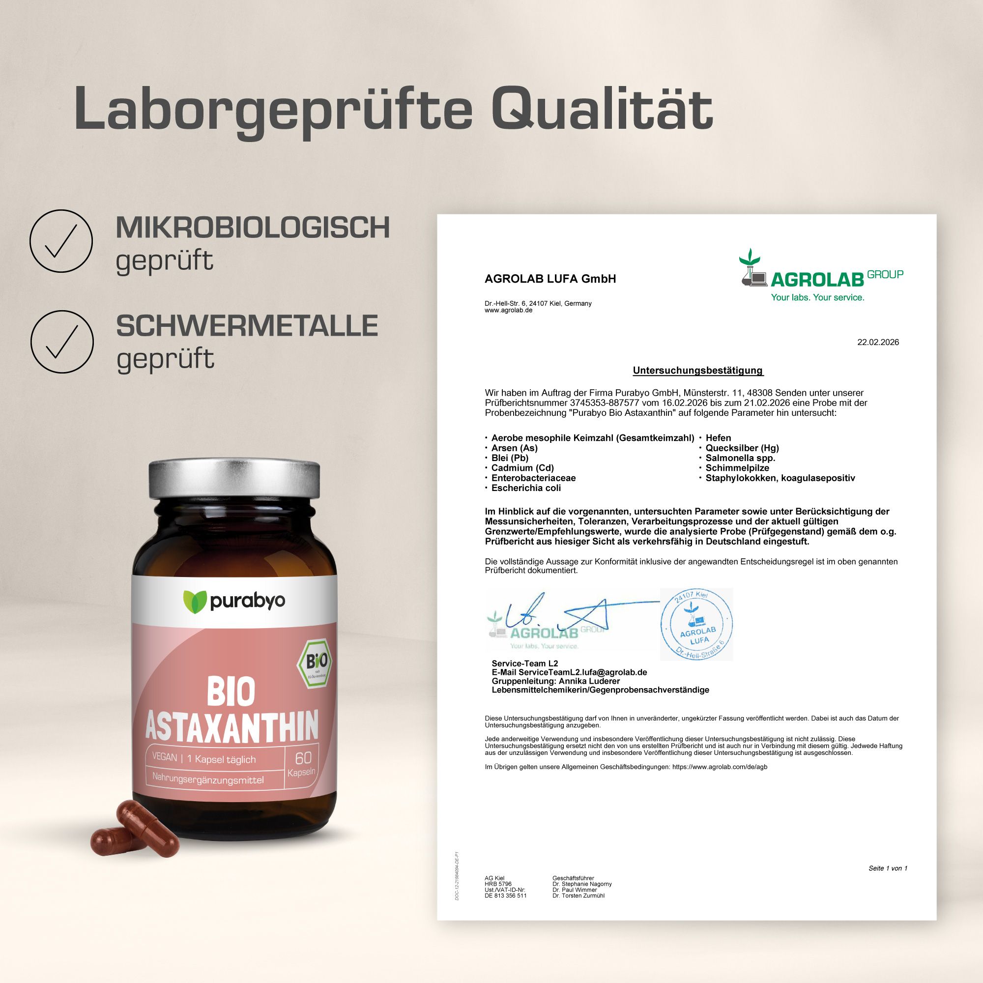 Flasche BIO Astaxanthin und Laborbericht. Text: Mikrobiologisch geprüft, Schwermetalle geprüft. Zertifikat von Agrolab.