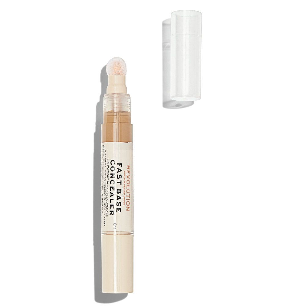 Makeup Revolution Fast Base Concealer. Beige Tube mit Applikator und Deckel. Text: Fast Base Concealer.