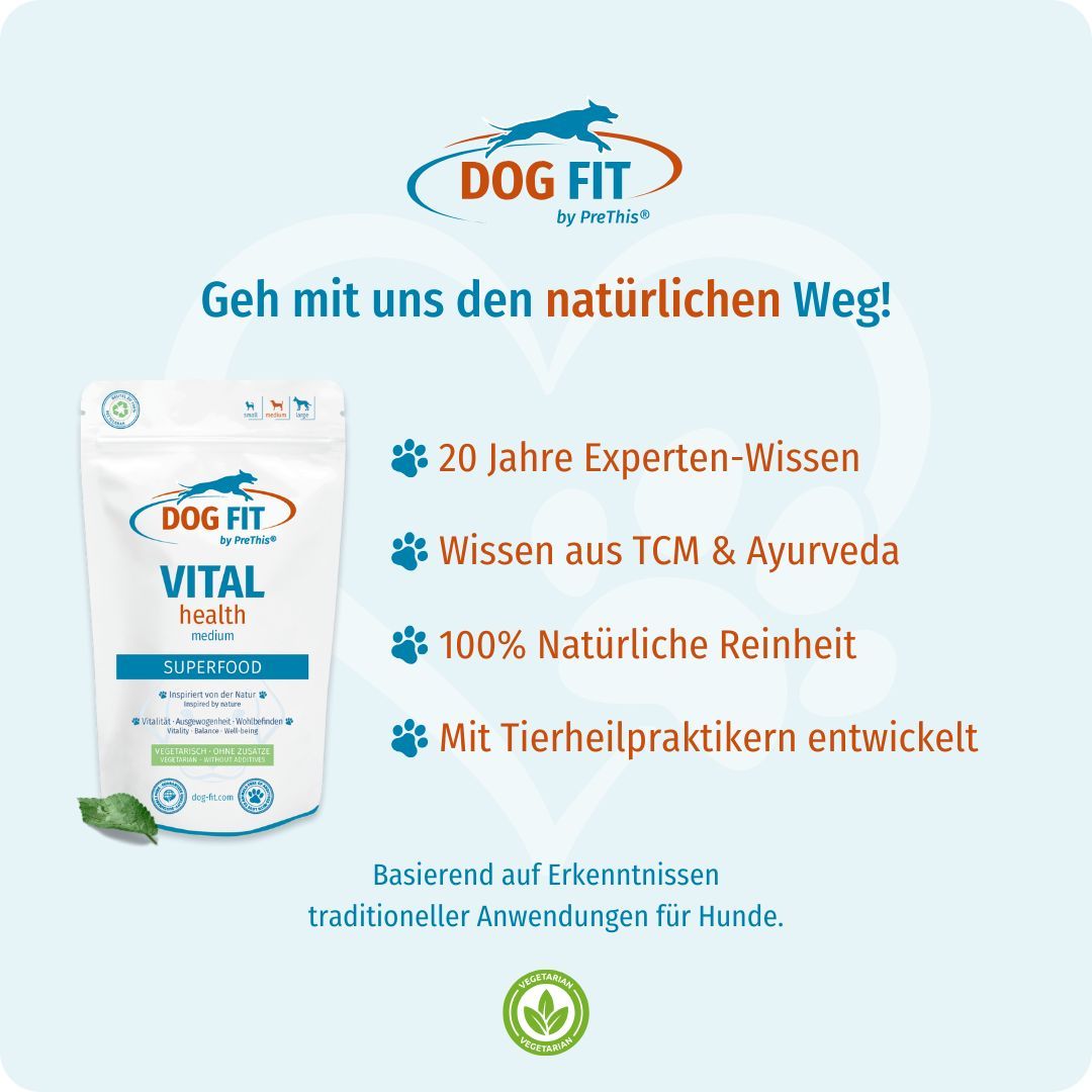 DOG FIT by PreThis® VITAL health Produktverpackung. Text: 20 Jahre Experten-Wissen, Wissen aus TCM & Ayurveda, 100% Natürliche Reinheit.