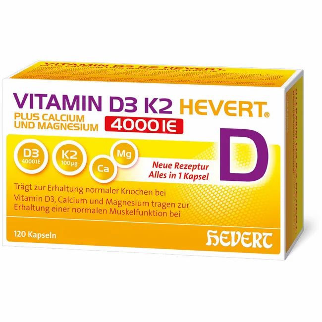 Gelbe Schachtel mit Aufschrift Vitamin D3 K2 Hevert, 4000 IE. Enthält 120 Kapseln. Marke Hevert. Mit D-Symbol.