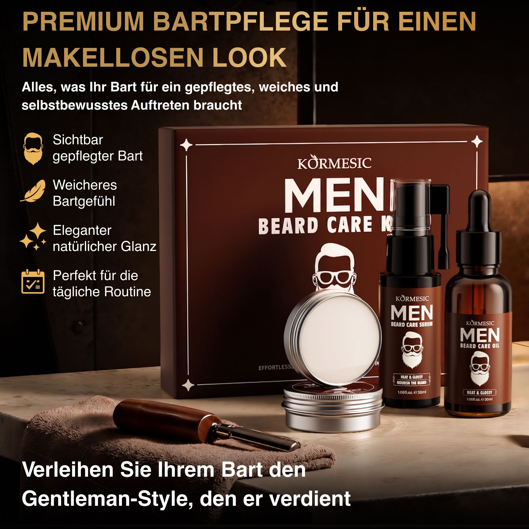 Körnesic Men Bartpflege-Set mit Bartöl, Bartserum und Bartwachs.