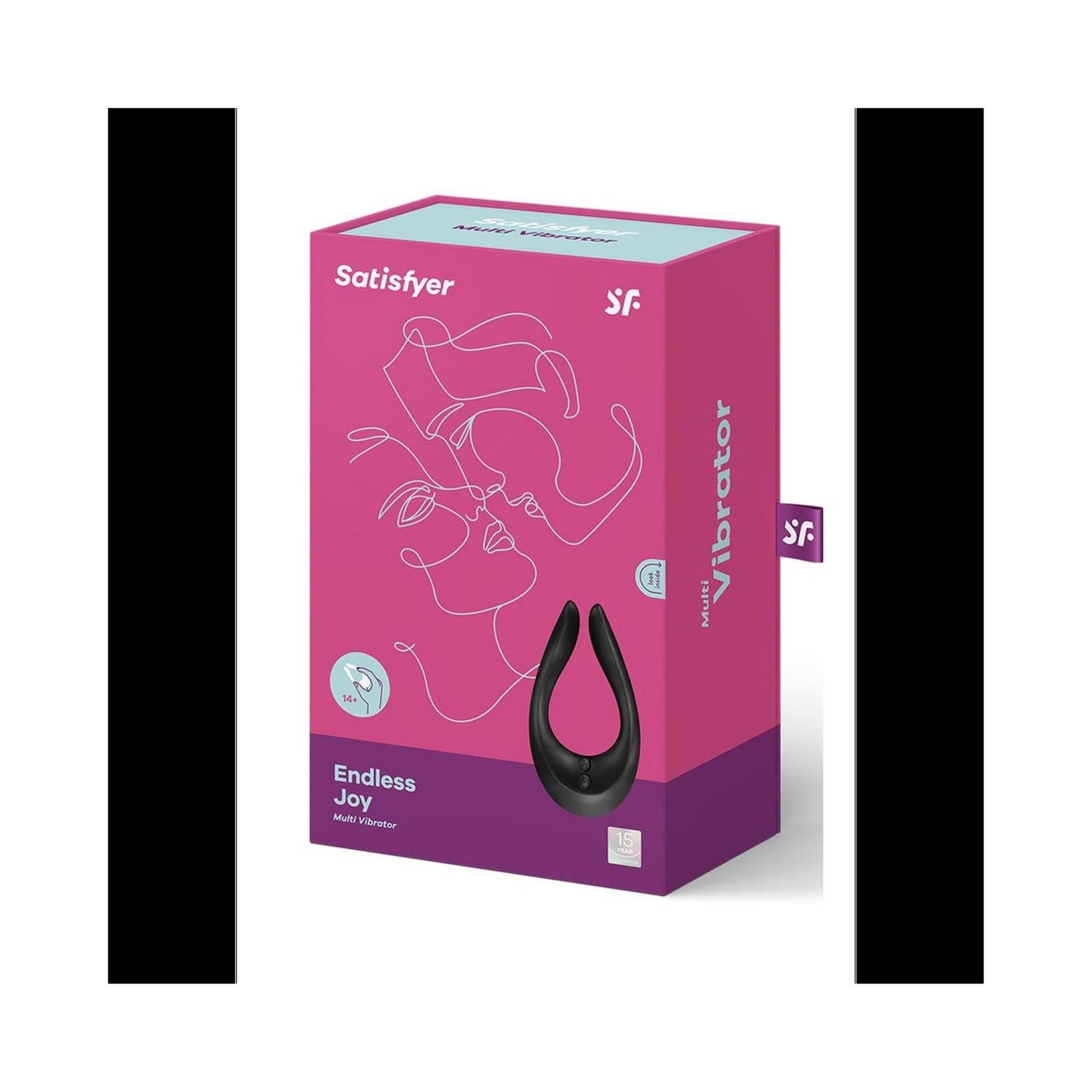 Rosa Verpackung mit schwarzem Multi Vibrator. Aufschrift: Satisfyer, Endless Joy, Multi Vibrator. Abbildung eines Paares.
