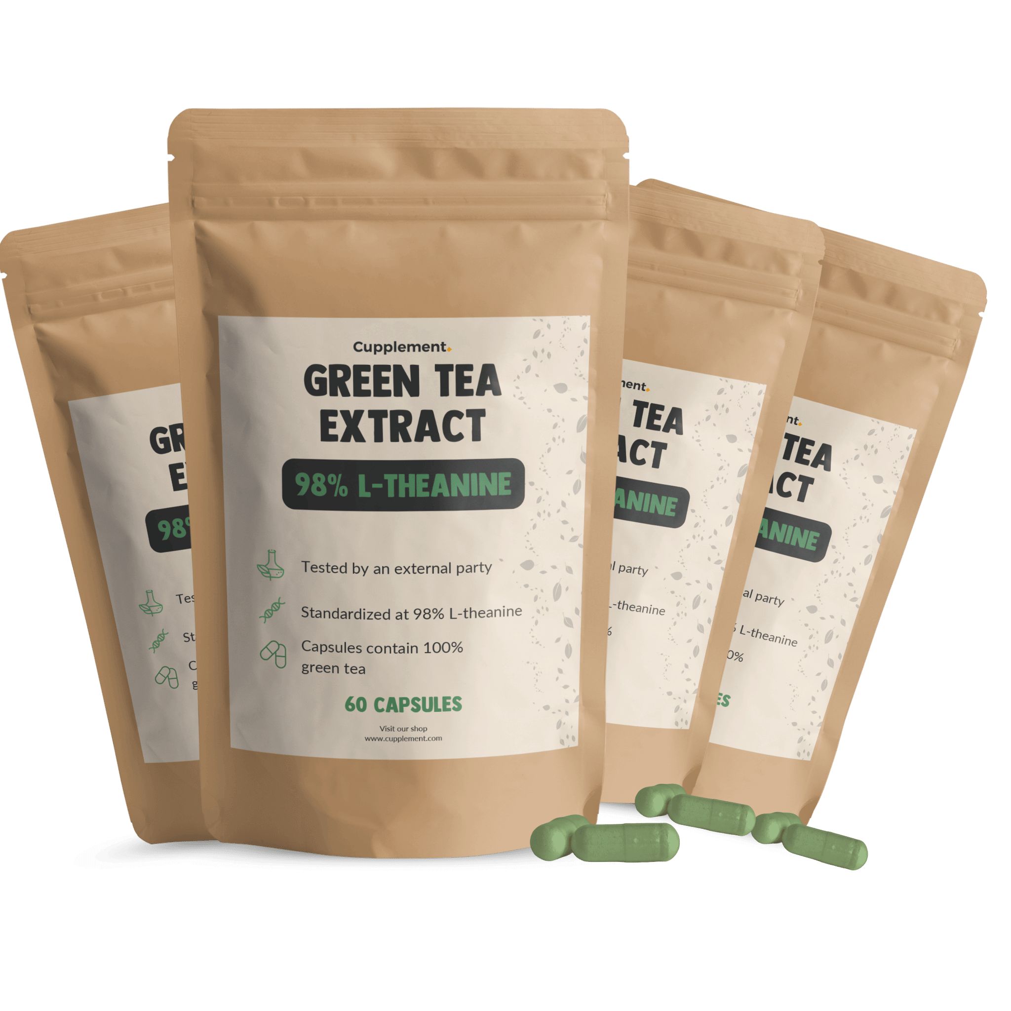 Mehrere Beutel mit Grüntee-Extrakt-Kapseln. Aufschrift: 98% L-Theanin, 60 Kapseln. Grüne Kapseln liegen daneben.