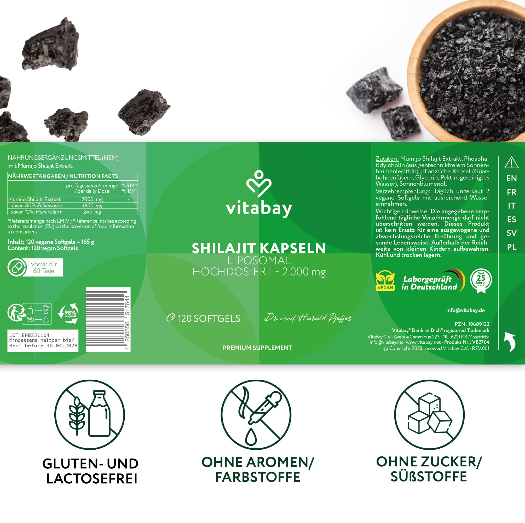 Produktverpackung: Vitabay Shilajit Kapseln, 120 Softgels. Text: Liposomal, hochdosiert, 2.000 mg. Gluten- und laktosefrei, ohne Aromen/Farbstoffe, ohne Zucker/Süßstoffe.