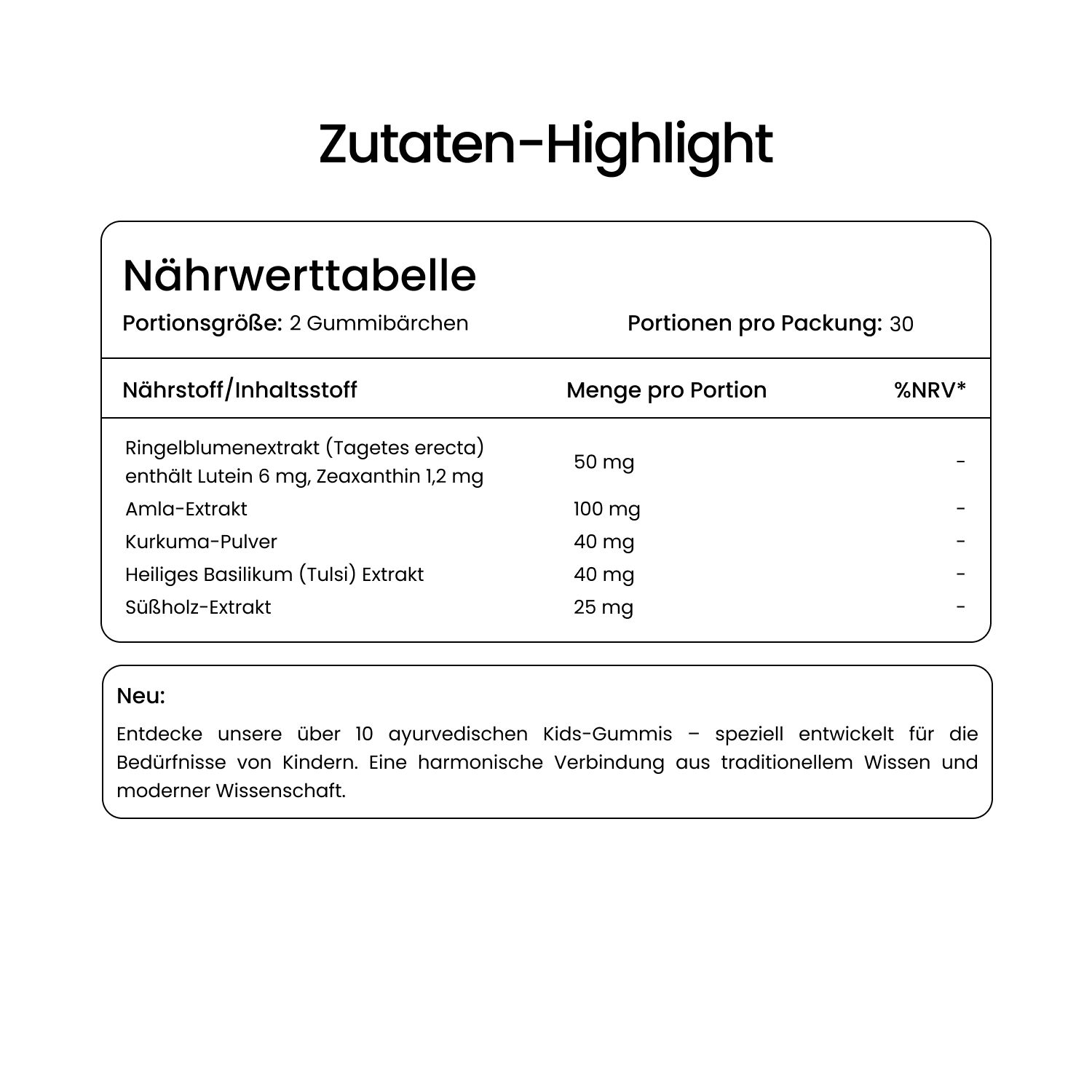 Nährwerttabelle für Gummily Kids Gummibärchen mit Ringelblumenextrakt, Lutein, Zeaxanthin.