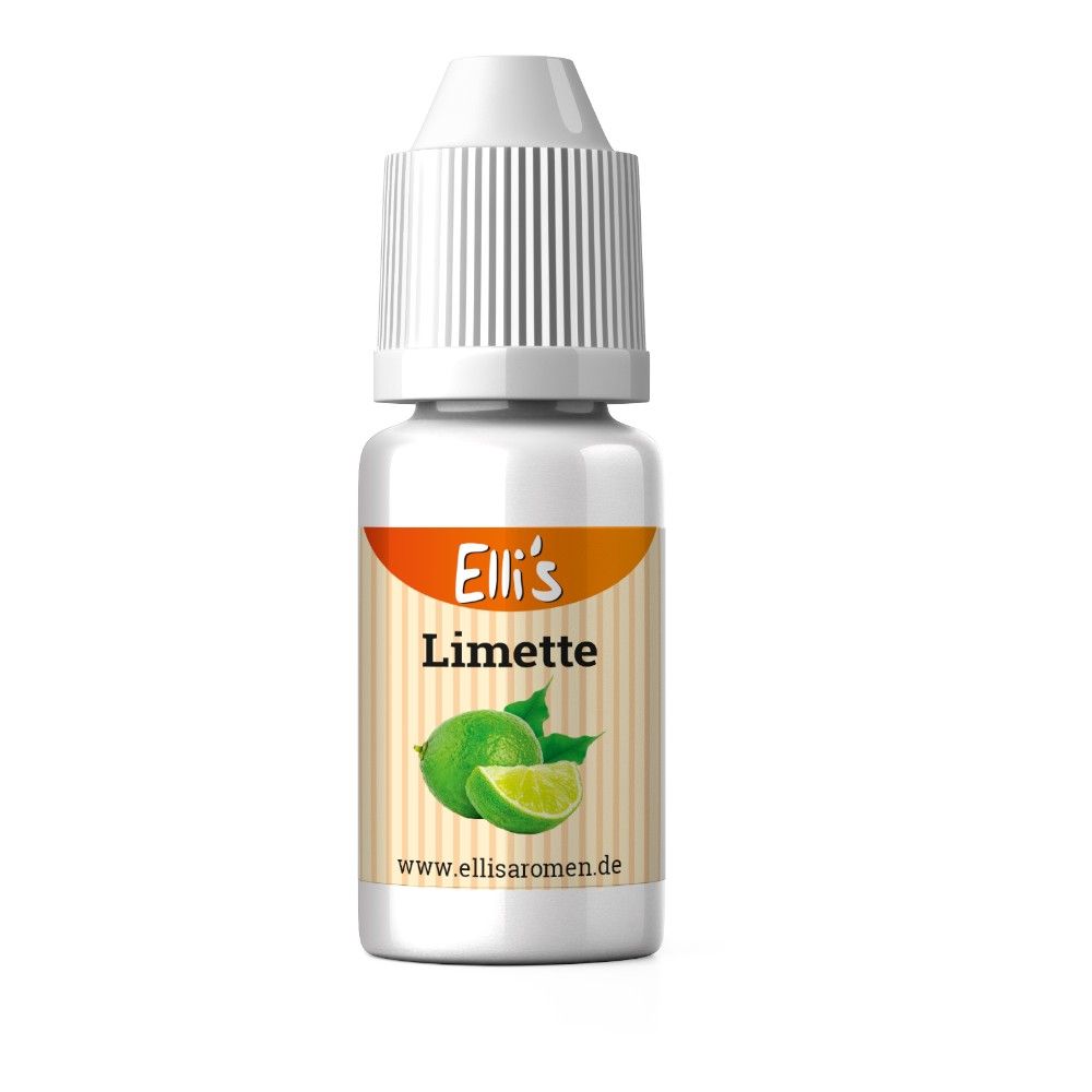 Weiße Flasche mit Schraubverschluss. Etikett mit "Elli's Limette" und Limetten-Illustration. www.ellisaromen.de.