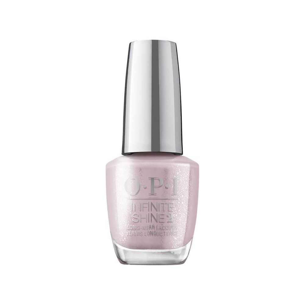Nagellackflasche mit silbernem Deckel. Rosa Nagellack mit Glitzer. Aufschrift: O.P.I Infinite Shine.
