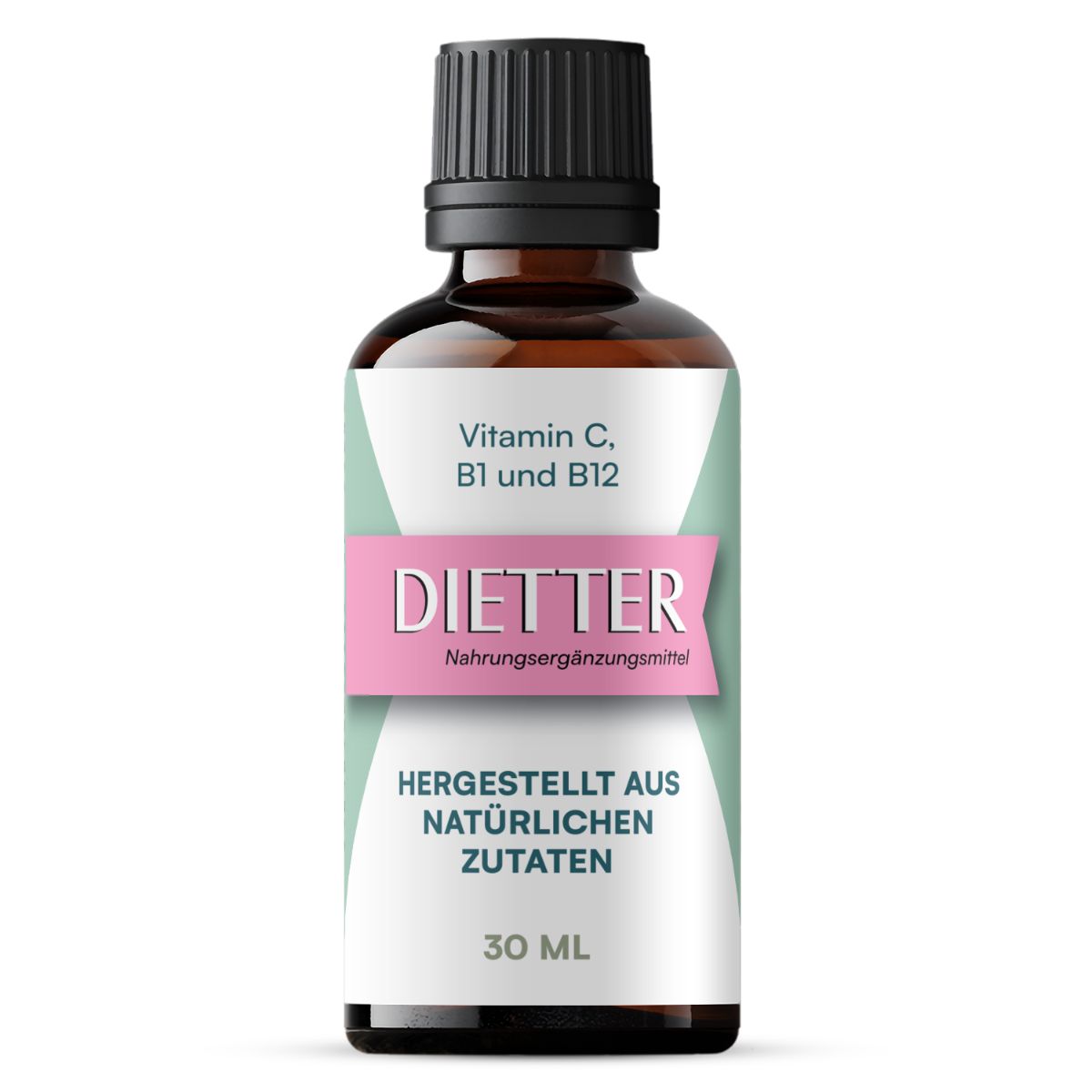 Eine braune Tropfflasche mit Etikett, die DIETTER Nahrungsergänzungsmittel mit Vitamin C, B1 und B12 anzeigt.