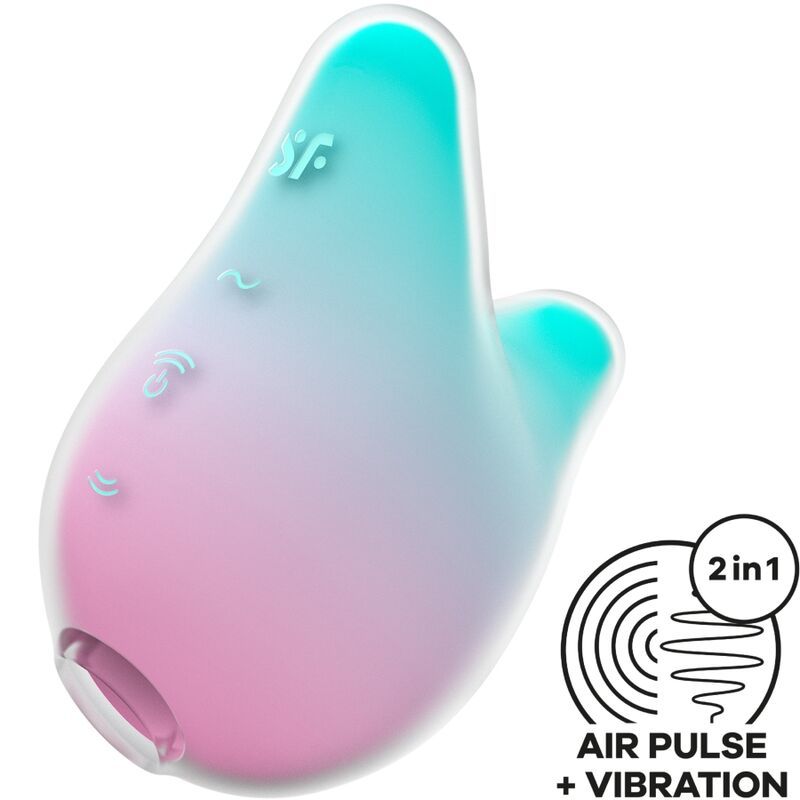 Stimulator in Handform, Farbverlauf von Pink zu Türkis. Mit Symbolen und Logo. 2in1-Funktion.