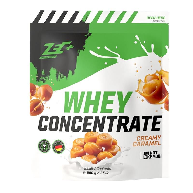 ZEC+ Whey Concentrate Sahnekaramell. Beutel mit Produktabbildung und Logo. Grün-weißes Design mit Karamellbonbons.