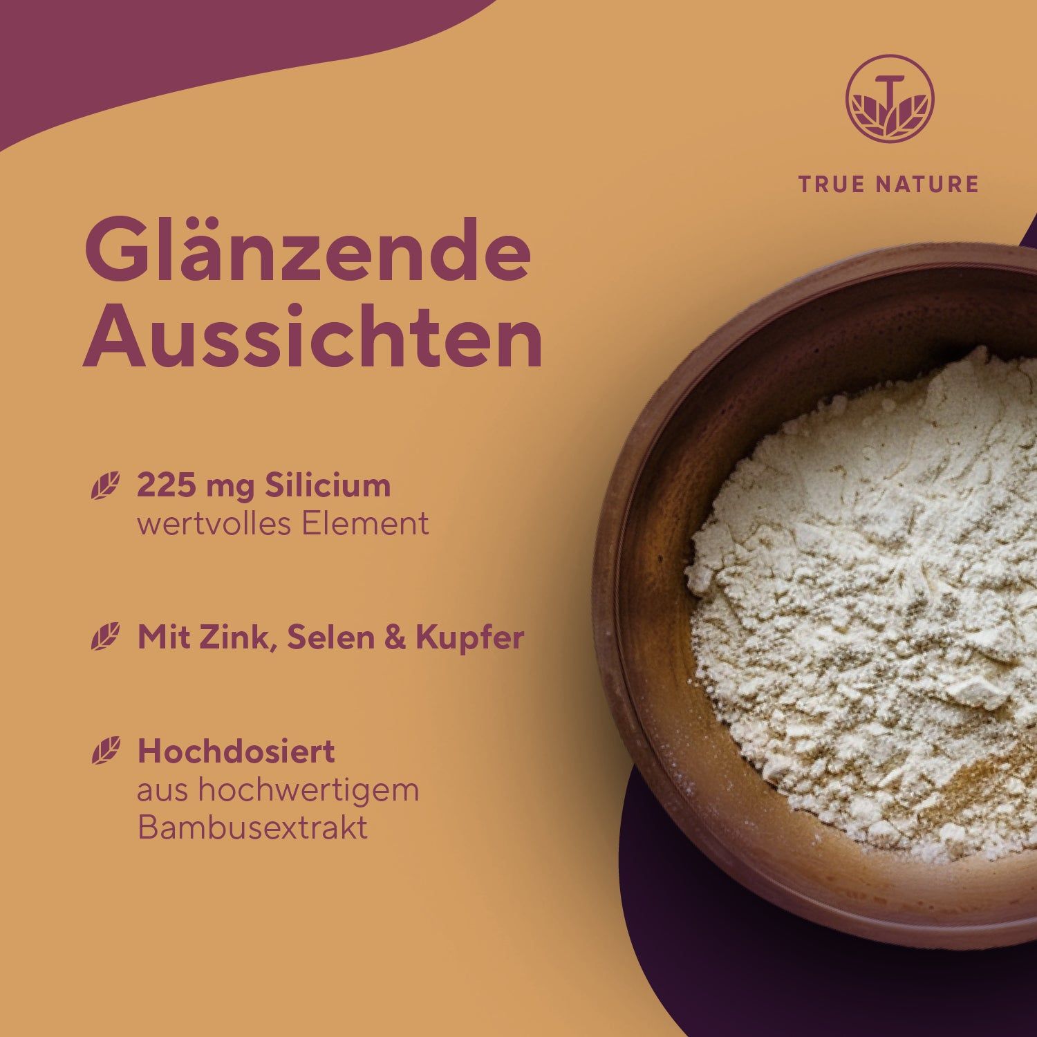Schale mit weißem Pulver. Text: 225 mg Silizium, mit Zink, Selen & Kupfer, hochdosiert aus Bambusextrakt.