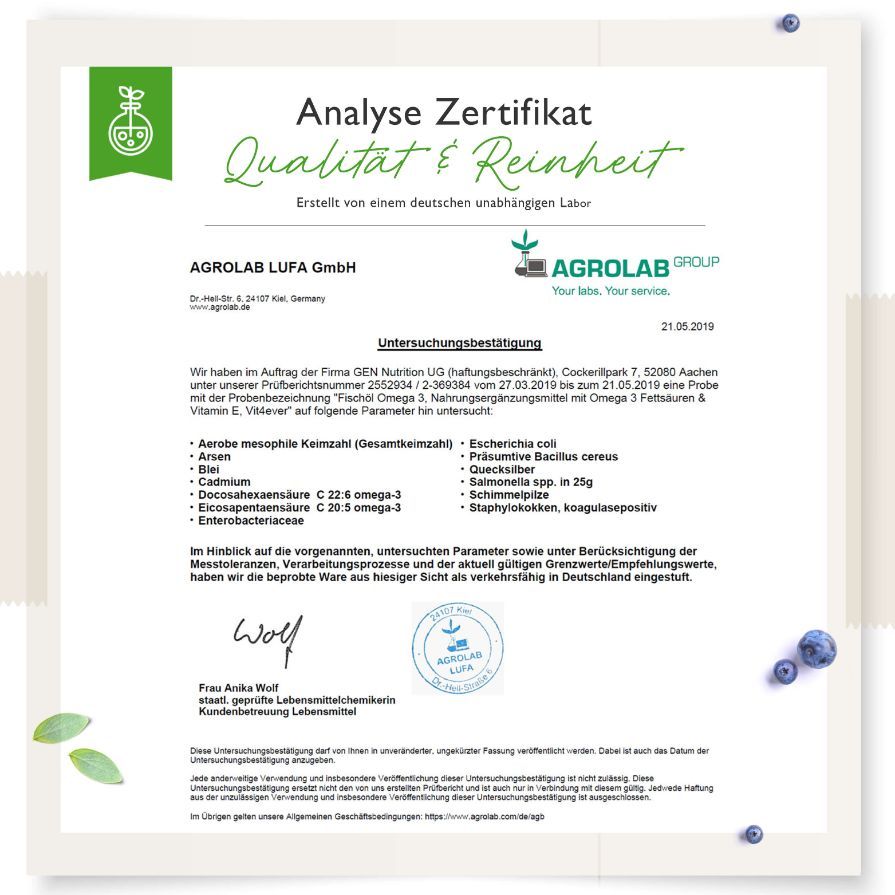 Zertifikat von Agrolab LUFA GmbH. Text: Analyse Zertifikat Qualität & Reinheit. Unterschriften und Details zu Analysen von Inhaltsstoffen.