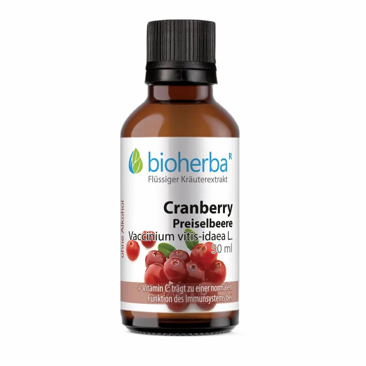 Braune Glasflasche mit schwarzem Deckel. Etikett mit Produktname, Cranberry-Abbildung und Markenlogo.