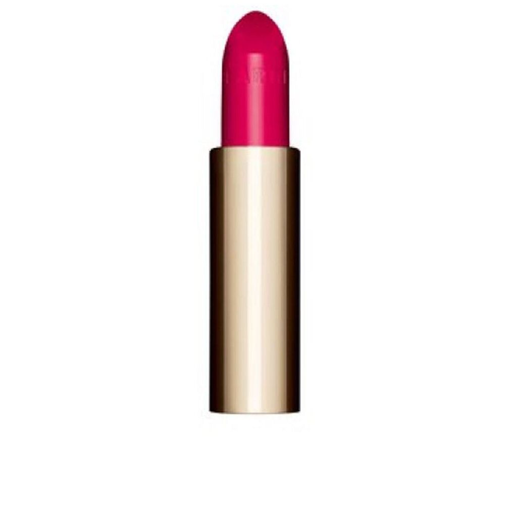 Lippenstift mit goldfarbener Hülse und pinkfarbener Spitze. Vertikale Ansicht. Der Lippenstift ist teilweise aus der Hülse herausgedreht.