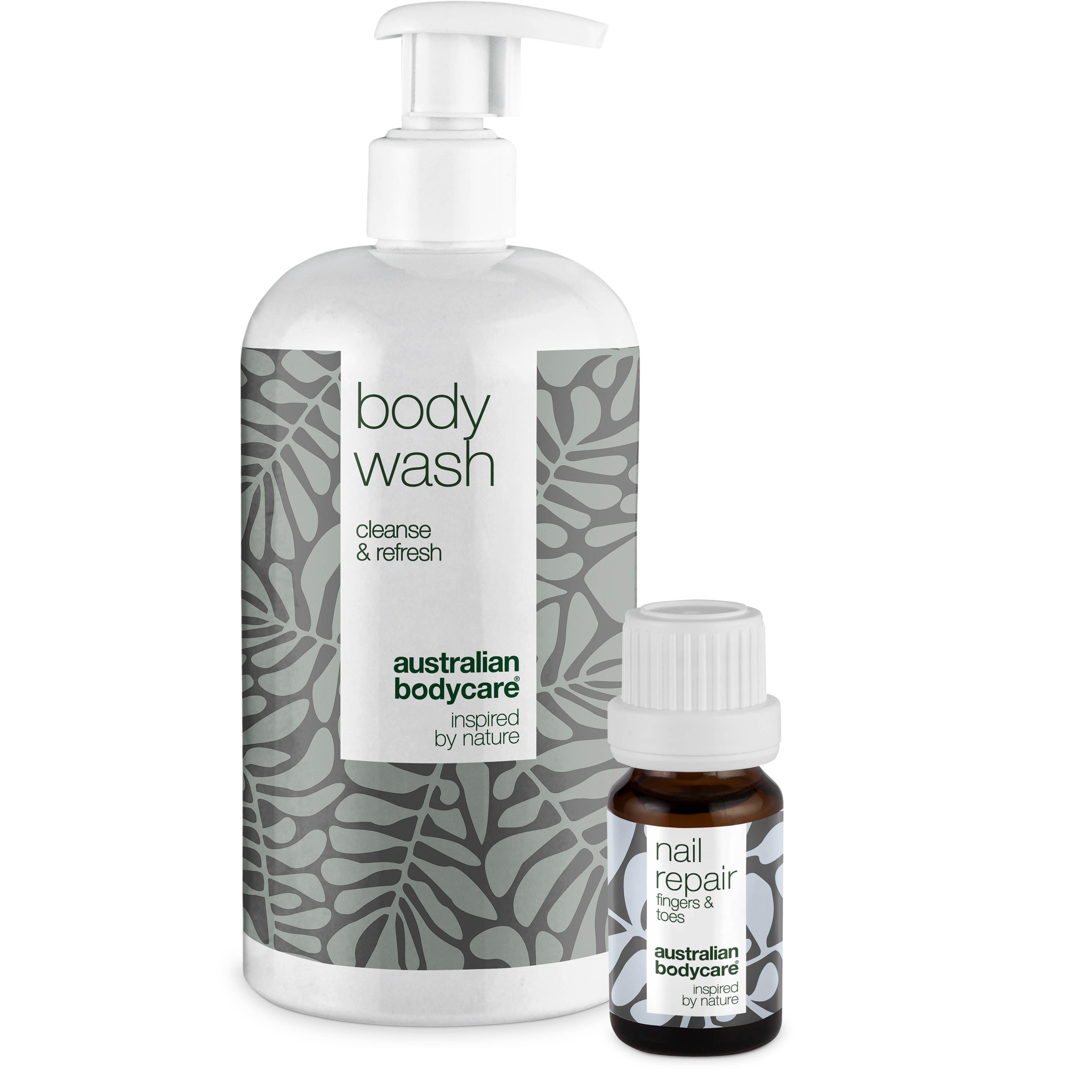 Körperwaschmittel und Nagelöl. Weißer Spender, braune Flasche. Aufschrift: Australian Bodycare, Nagelpflege.