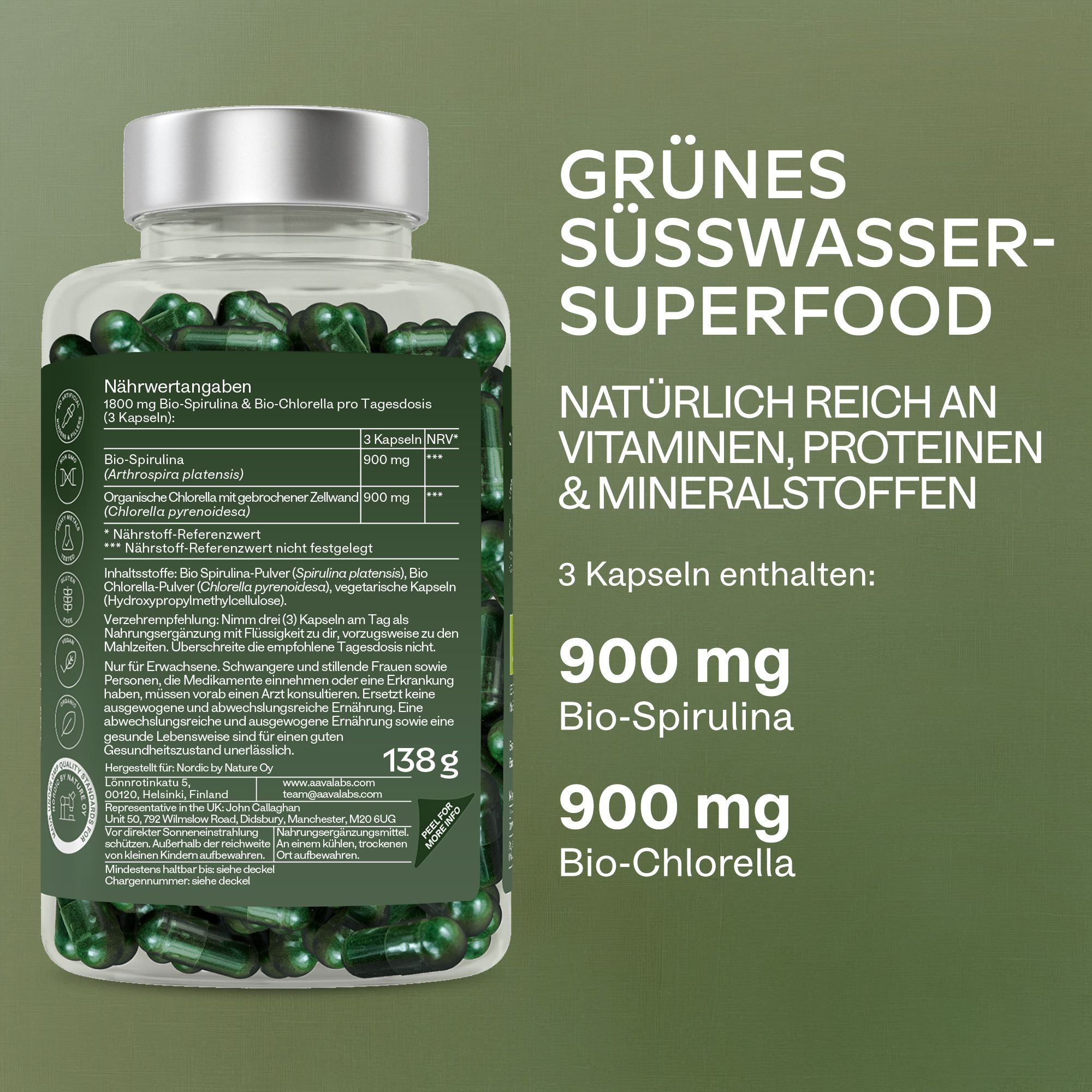 Rückseite der Flasche. Text: Nährwertangaben, 900mg Bio-Spirulina & Chlorella. 138g. 3 Kapseln.