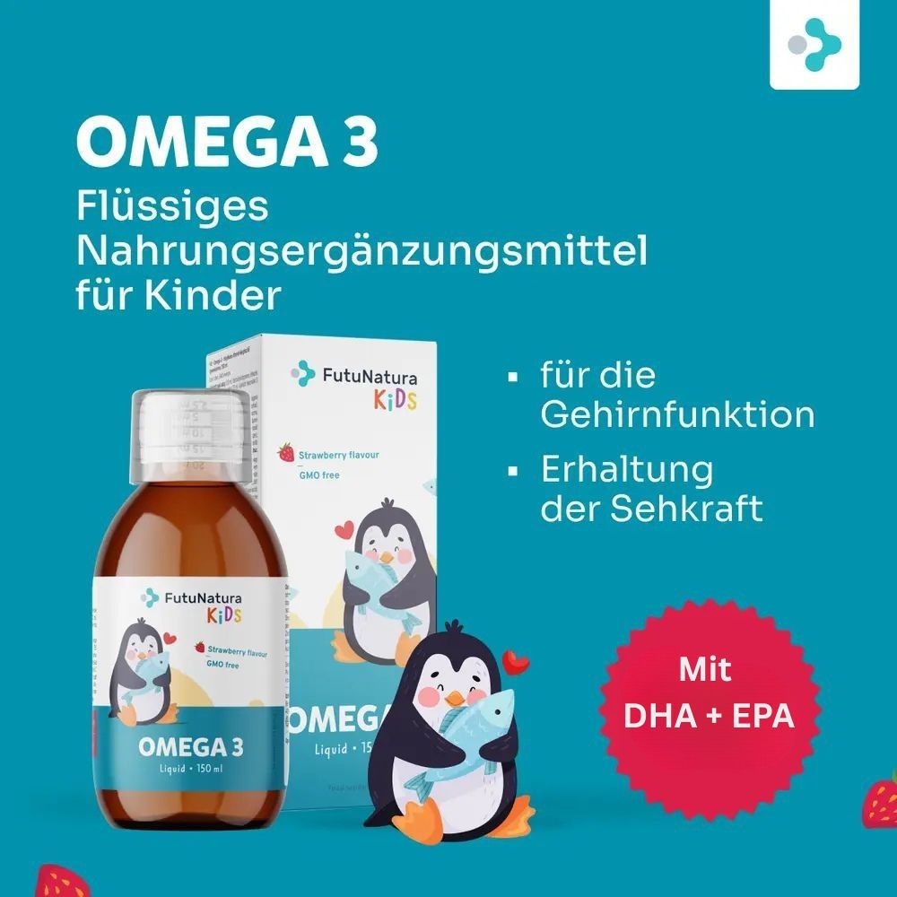 Produktflasche und -verpackung. Text: Omega 3, flüssiges Nahrungsergänzungsmittel für Kinder. Mit DHA + EPA. Für Gehirnfunktion und Sehkraft.