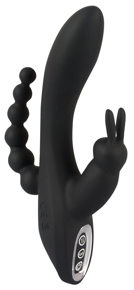 Schwarzer Vibrator mit drei Stimulationsbereichen und perlenförmigem Anus-Stimulator. Ansicht von oben.