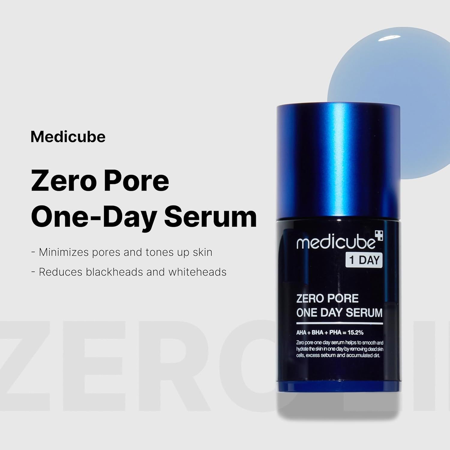 Dunkelblaue Flasche MEDICUBE Zero Pore One-Day Serum. Text: Minimiert Poren, reduziert Mitesser und verfeinert die Haut.