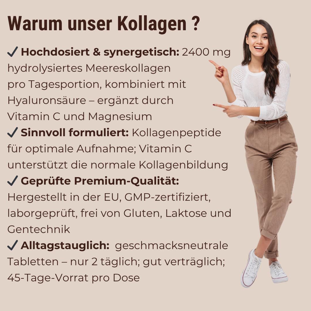 Frau zeigt auf Text. Text: Hochdosiert & synergetisch: 2400 mg hydrolysiertes Meereskollagen, Vitamin C und Magnesium.