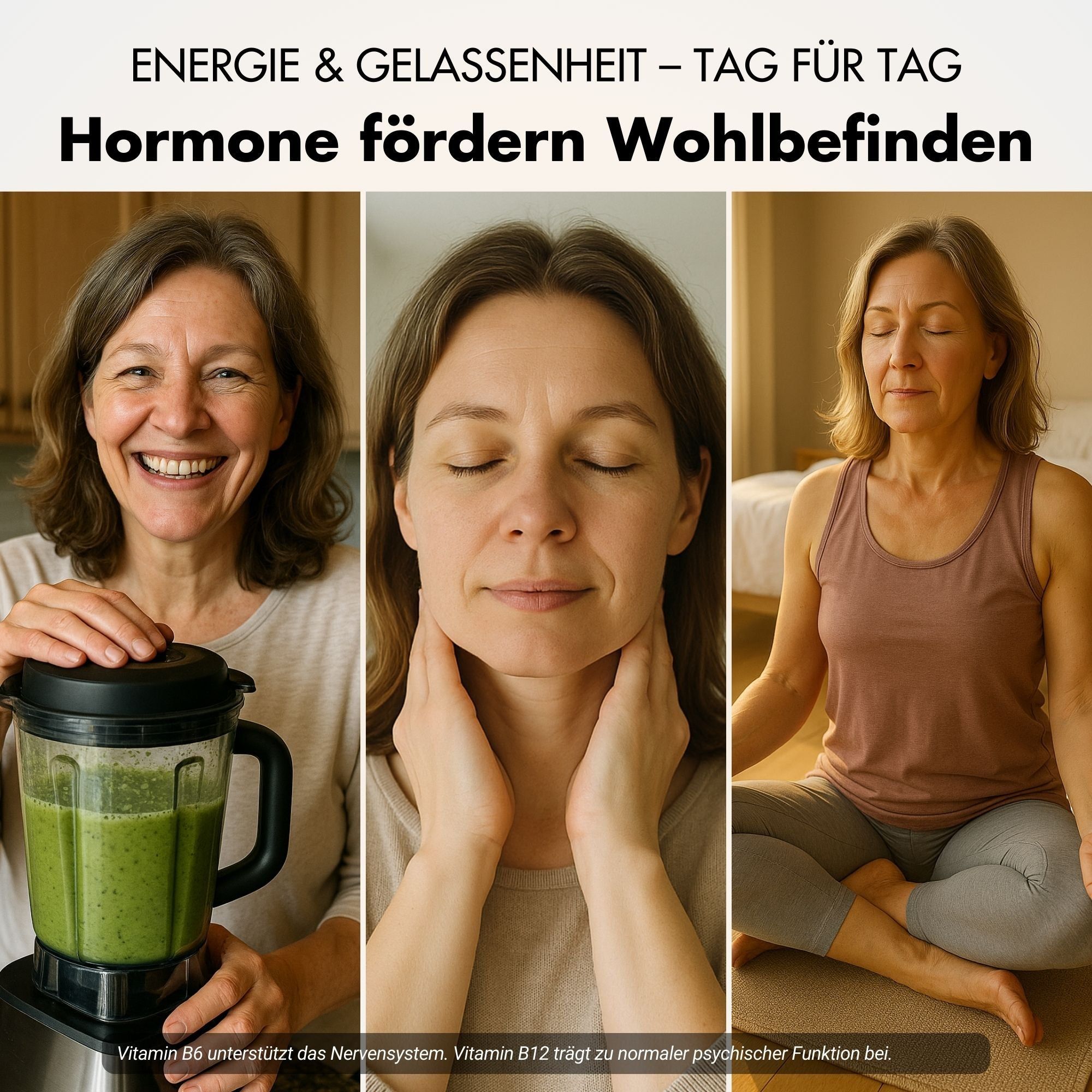 Drei Bilder von Frauen. Links: Frau mit Mixer. Mitte: Frau mit Hals. Rechts: Frau beim Yoga. Text: Hormone fördern Wohlbefinden. Text über Vitamin B6 und B12.