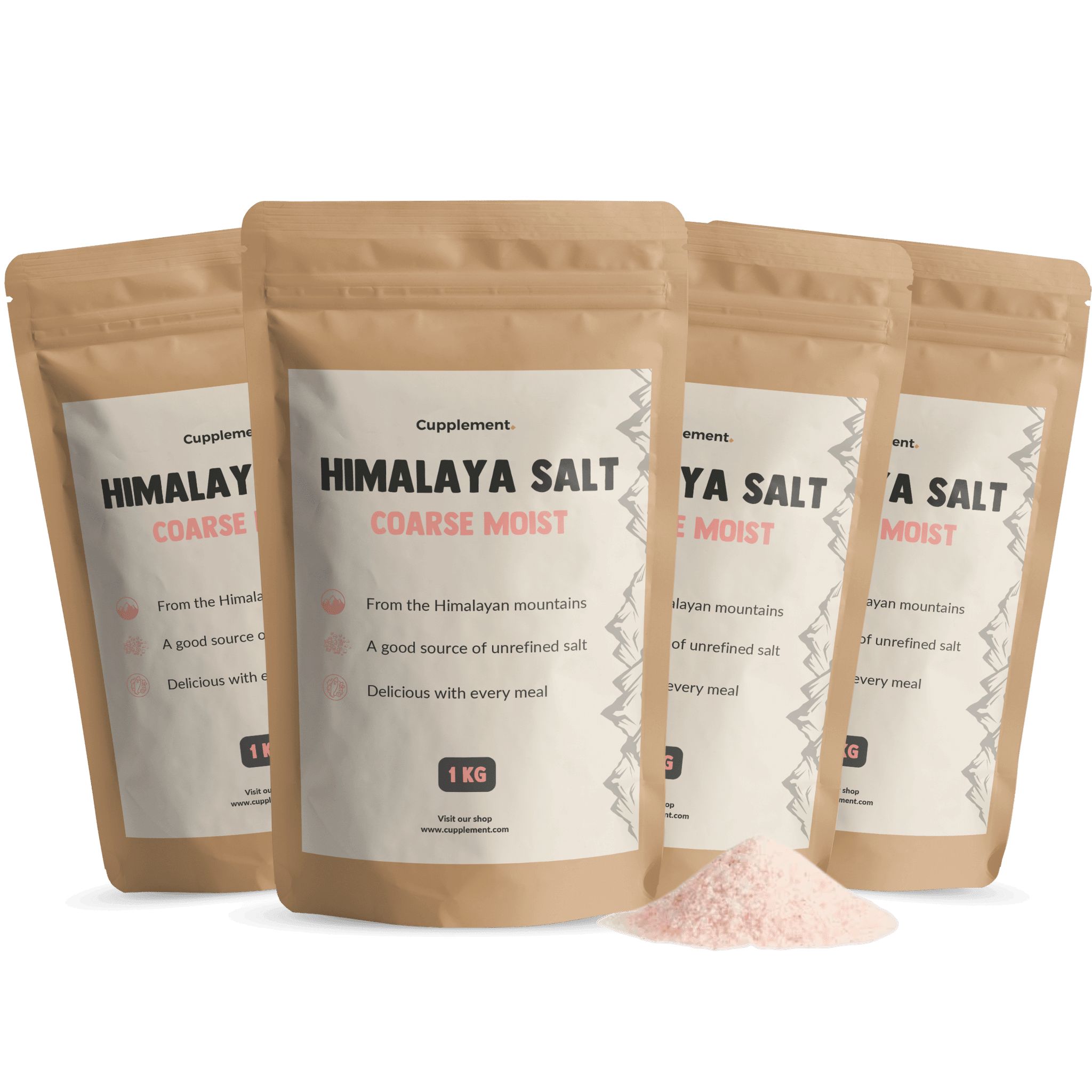 Vier Beutel Cupplement® Himalaya Salz, grob, feucht. Rosa Salz neben den Beuteln. 1 kg.