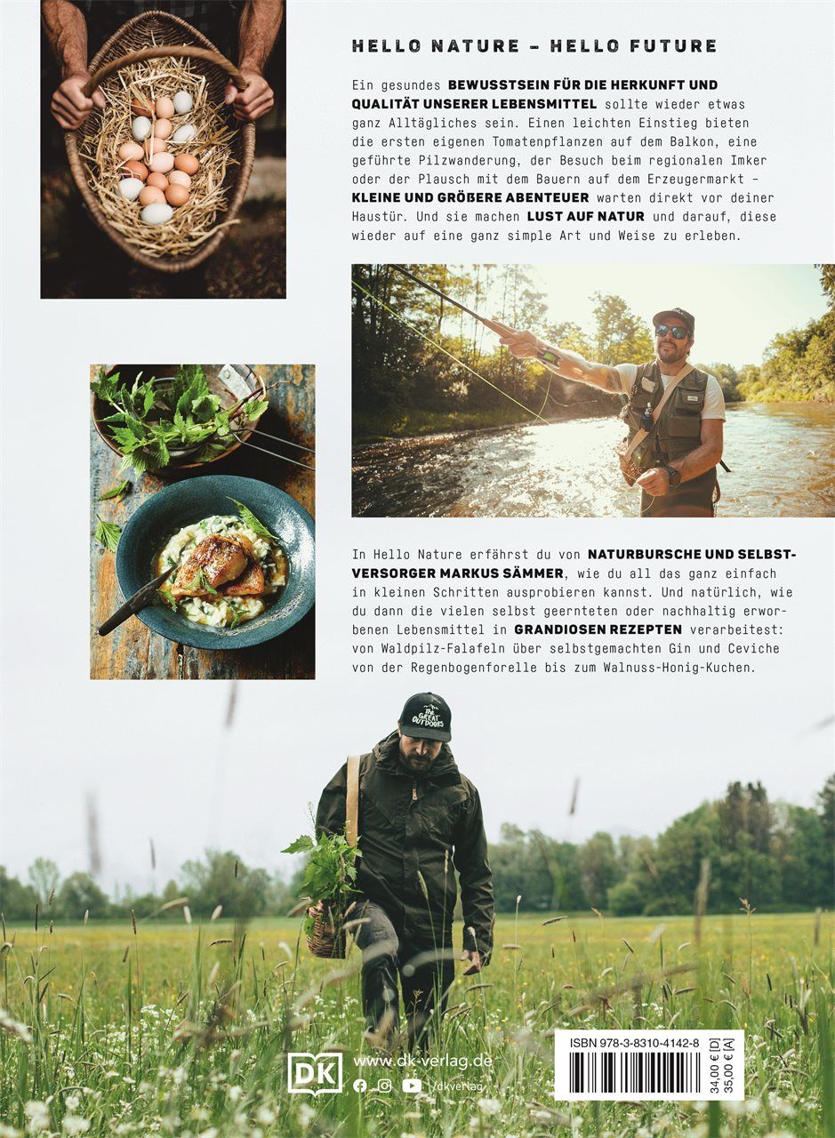 Rückseite des Buches "The Great Outdoors - Hello Nature". Text, Fotos von Essen, Mann beim Angeln, Mann mit Pflanzen.
