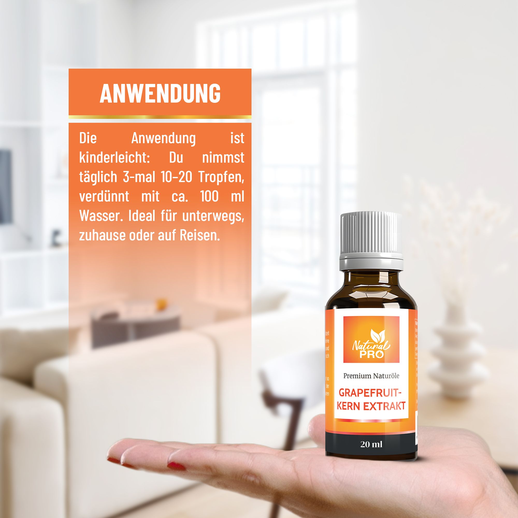 Braune Glasflasche mit weißem Deckel. Etikett mit Logo und Schriftzug: Grapefruitkernextrakt. Flasche wird von Hand gehalten.