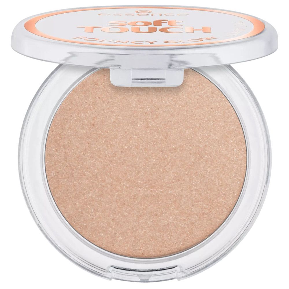Runder Highlighter in transparenter Dose mit geöffnetem Deckel. Produkt mit goldfarbenem Schimmer. Marke Essence.
