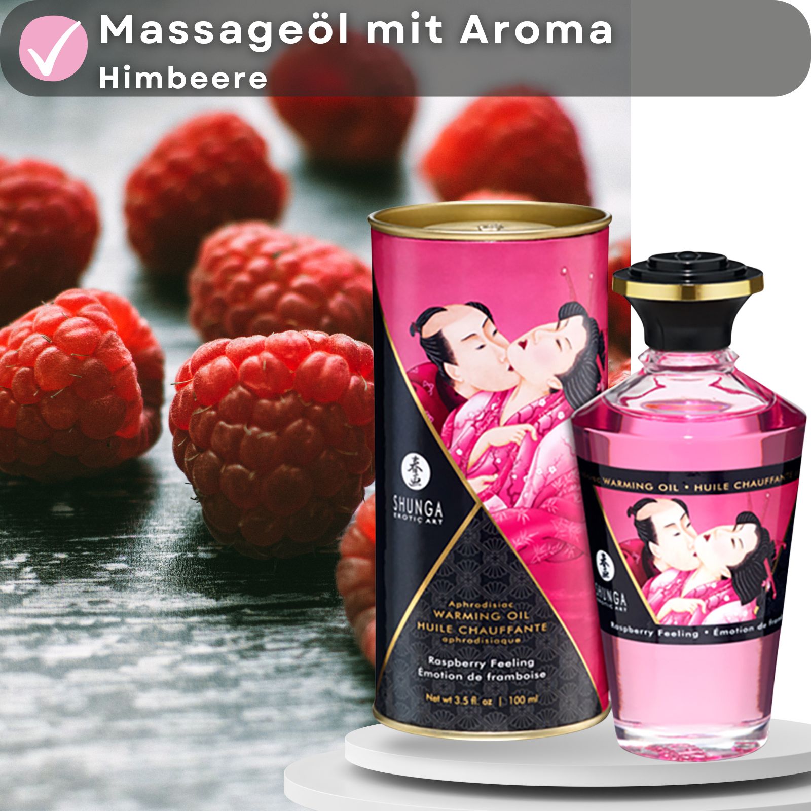 Produkt mit Himbeeren. Dose und Flasche mit Etiketten. Aufschrift: Shunga, Warming Oil, Himbeer-Aroma. Abbildung: küssendes Paar.
