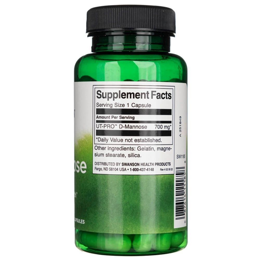 Rückseite der Flasche Swanson D-Mannose 700 mg mit Nährwertangaben und Inhaltsstoffen.