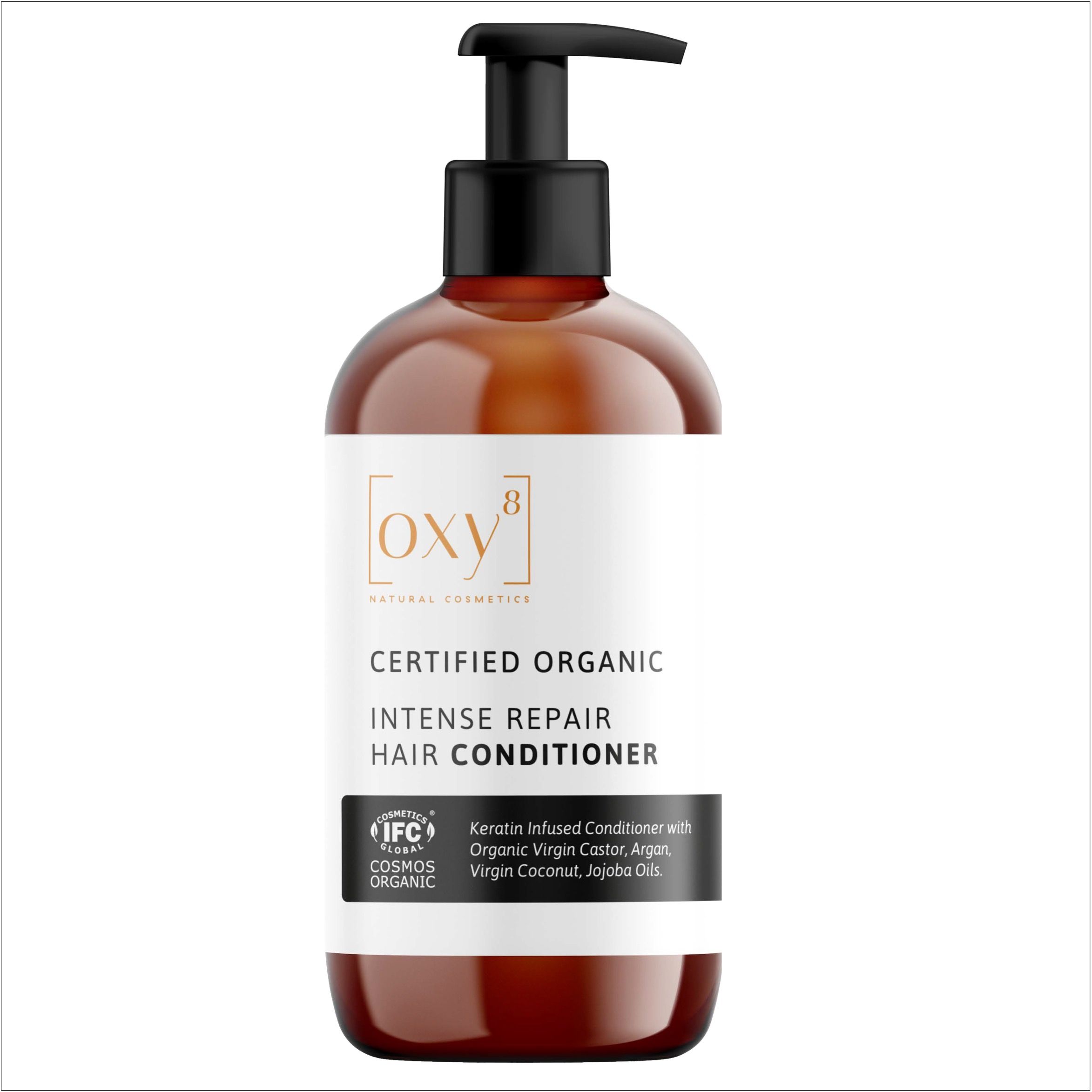 Braune Flasche mit schwarzem Pumpkopf. Aufschrift: INTENSE REPAIR HAIR CONDITIONER. Zertifiziertes Bio-Produkt.