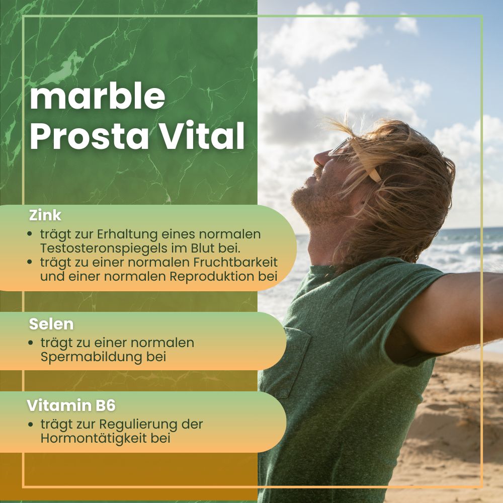 Mann am Strand. Text: marble Prosta Vital. Zink, Selen, Vitamin B6. Für Testosteronspiegel, Fruchtbarkeit.
