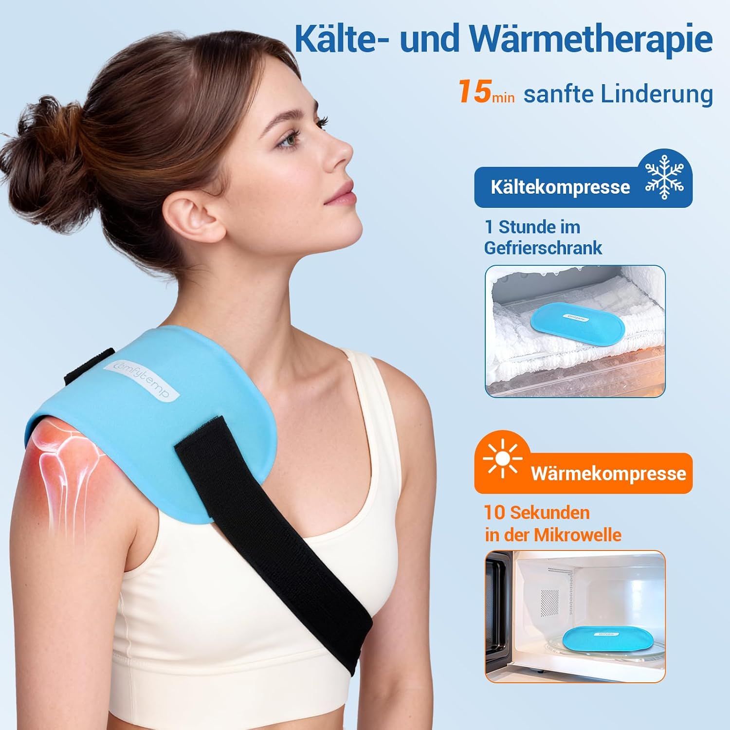 Frau mit blauer Schulter-Kältekompresse und Klettverschluss.