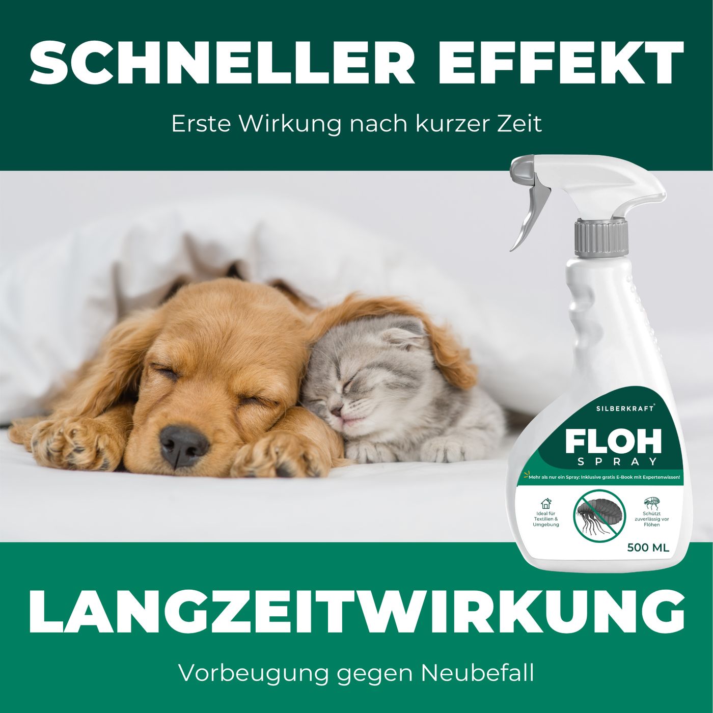 Hund und Katze schlafen neben einer Sprühflasche. Text: Schneller Effekt. Langzeitwirkung. Produkt: Flohspray.
