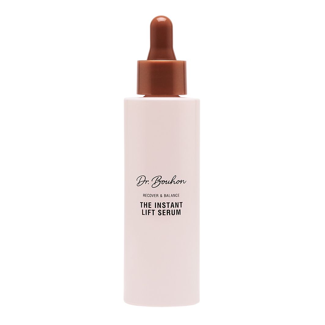 Rosa Flasche mit braunem Deckel und Pipette. Aufschrift: Dr. Bouhon, THE INSTANT LIFT SERUM.