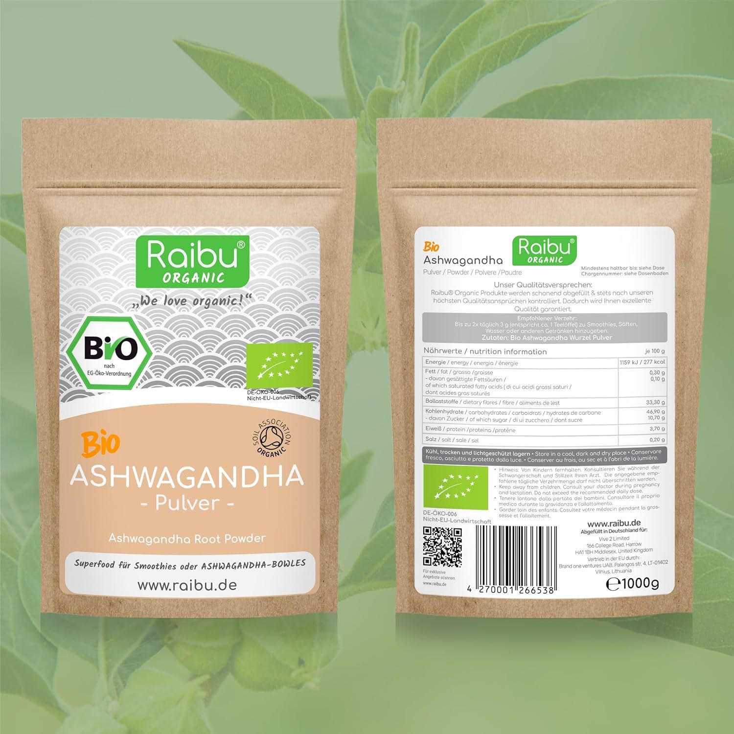 Zwei Beutel "RAIBU ORGANIC Bio Ashwagandha Pulver". Vorderseite: Bio-Siegel, Text. Rückseite: Nährwertangaben, Text, EAN-Code, 1000g.