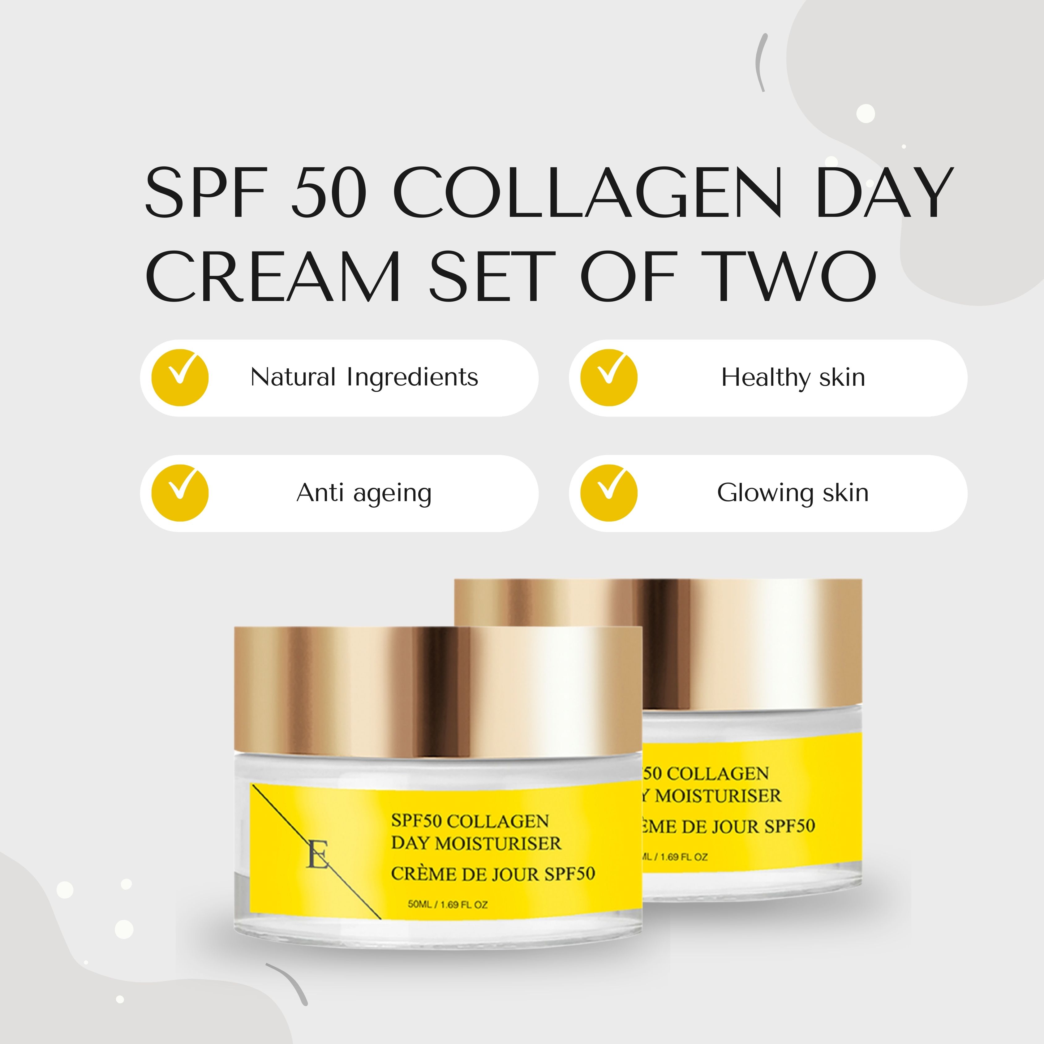 Zwei Tiegel SPF50 Kollagen Tagescreme. Gelbe Etiketten mit Text. Goldfarbene Deckel. Text: SPF50 Collagen Day Moisturiser. Set mit zwei Cremes.