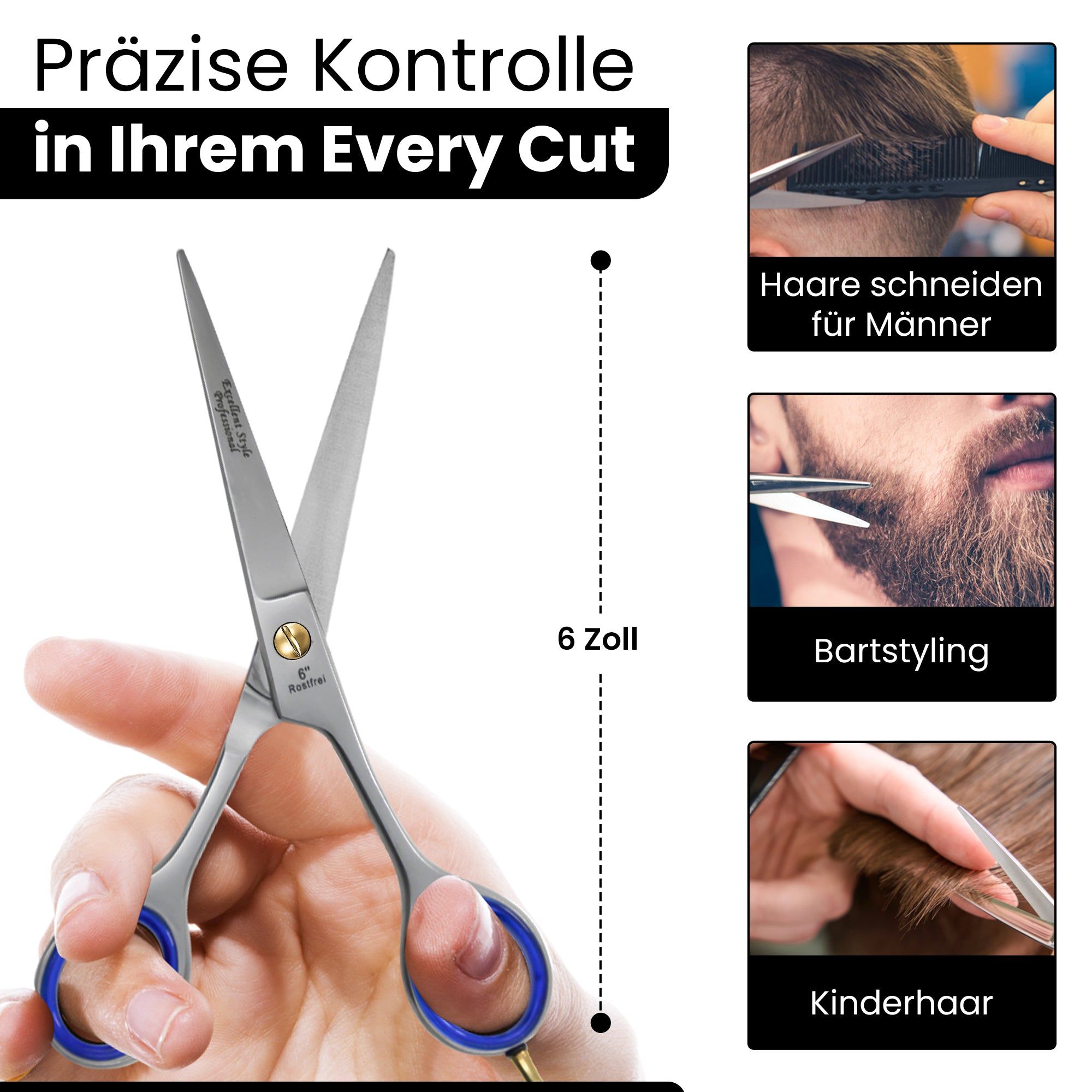 Friseurschere in der Hand, neben Illustrationen von Haarschnitten. Aufschrift: 6 Zoll. Produktname nicht sichtbar.