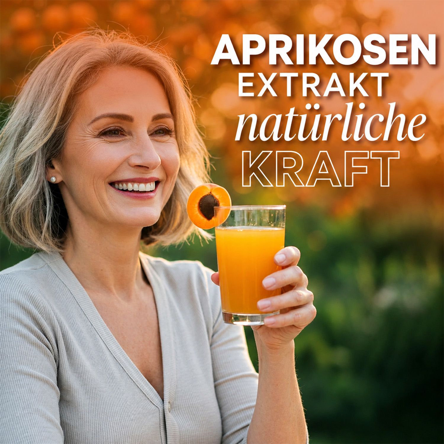 Flasche mit Aprikosenextrakt, Etikett mit Früchten und Text.