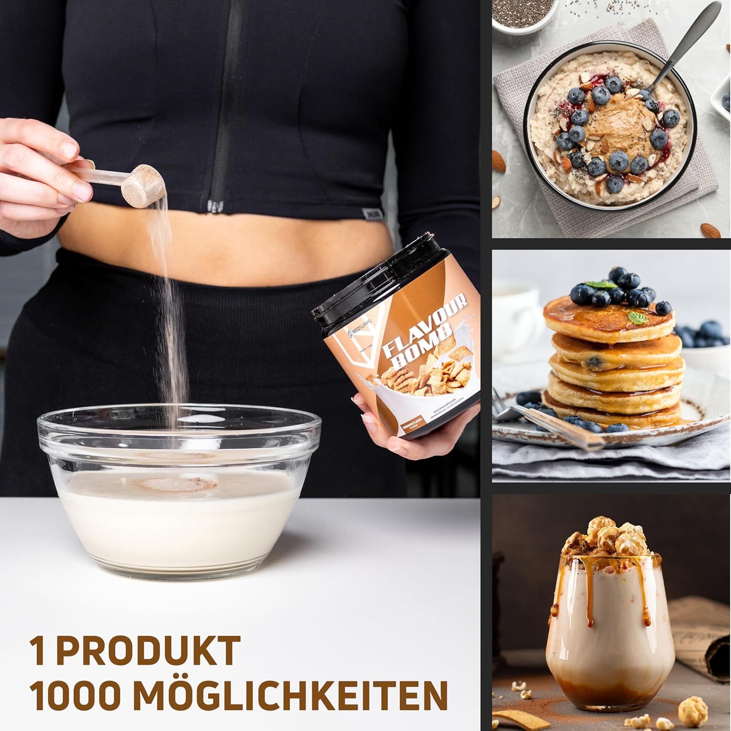 Person gießt Pulver in Glas. Dose "FLAVOUR BOMB" daneben. Mehrere Bilder von Speisen. Text: 1 Produkt, 1000 Möglichkeiten.