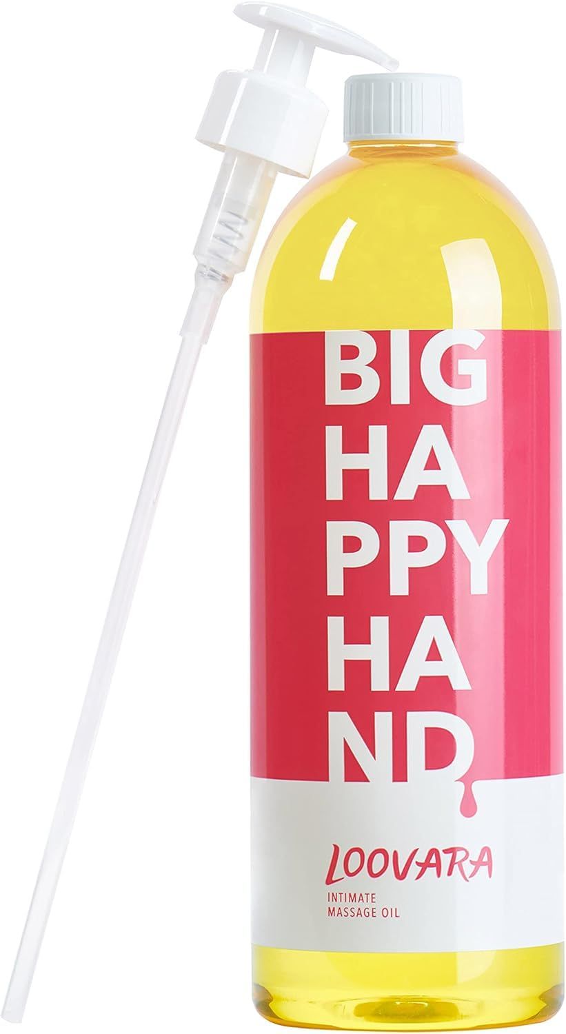 Flasche Loovara Happy Hand Massageöl mit Pumpspender, gelbes Öl, rotes Etikett.