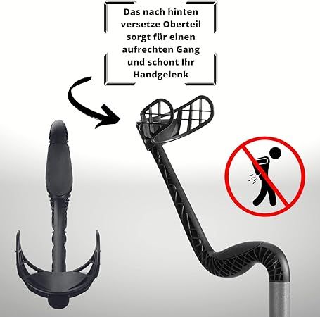 Einzelteile einer Unterarmgehhilfe: Armauflage, Griff und Schaft. Ein Piktogramm zeigt eine falsche Haltung.