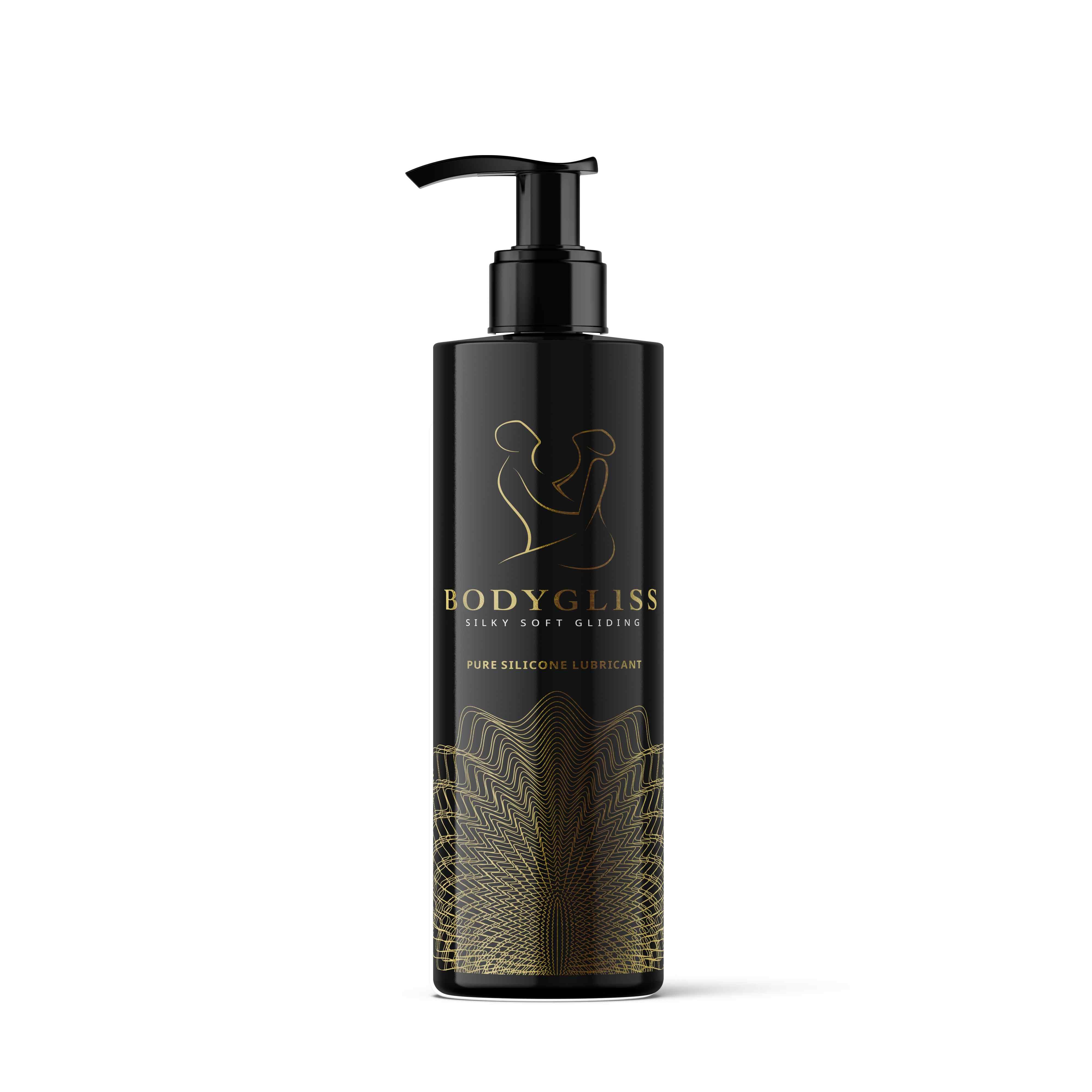 Schwarze Flasche mit Dosierpumpe. Goldfarbenes Logo und Schriftzug. "Silky Soft Gliding" und "Pure Silicone Lubricant" sind sichtbar.