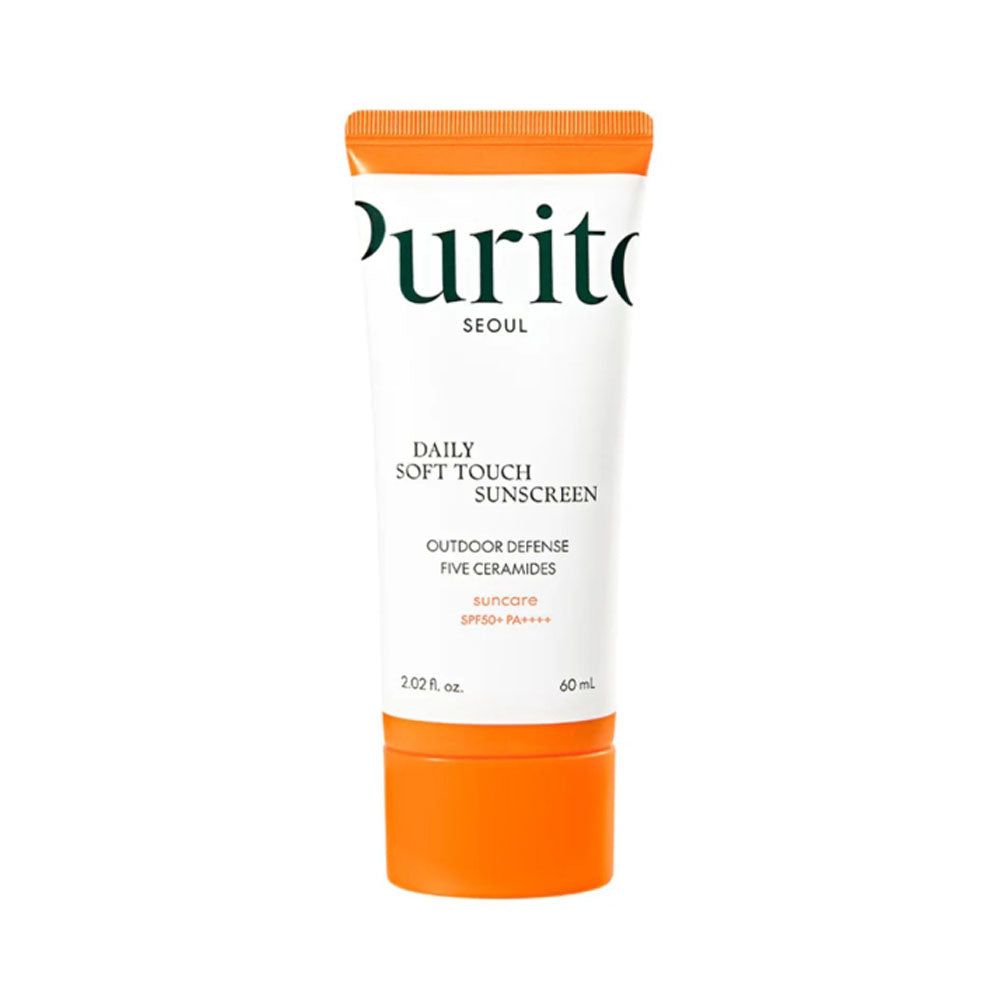 Weiße Tube mit orangefarbenem Deckel. Aufschrift: Purito, Seoul, Daily Soft Touch Sunscreen, SPF 50+ PA++++.