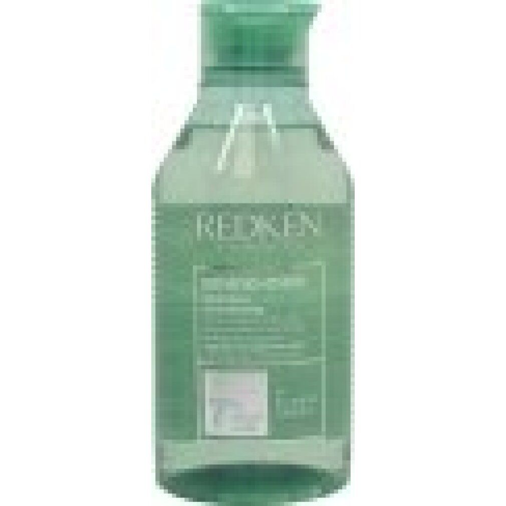 Grüne Redken Amino Mint Shampoo Flasche. Enthält Text: Shampoo, pH-ausgewogene Formel.