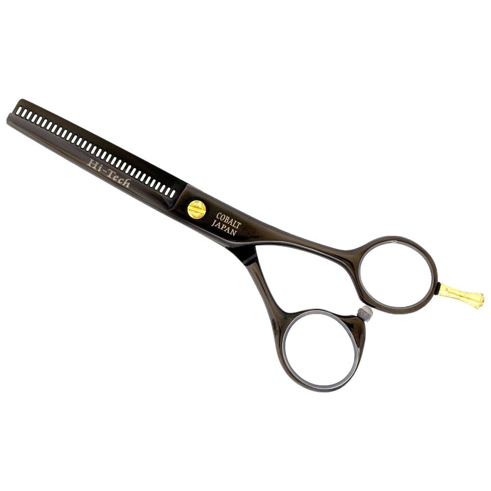 Schwarze Modellierschere. Mit "Hi-Tech" und "COBALT JAPAN" Beschriftung. Goldfarbene Schraube.