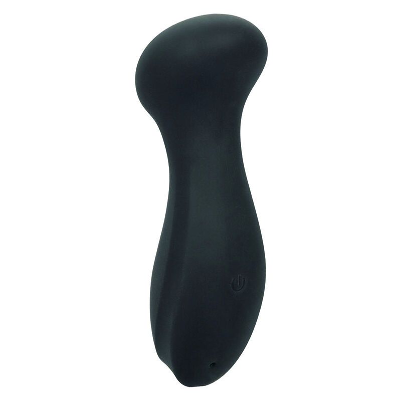 Schwarzes Massagegerät mit geschwungener Form. Oberteil abgerundet, Unterteil schmaler. Ein/Aus-Taste sichtbar.
