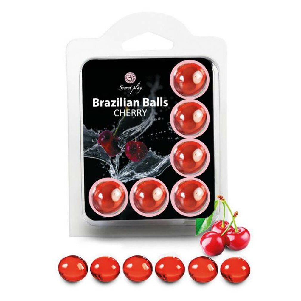 Verpackung mit 8 roten Kugeln, Kirsch-Design. "Secret Play Brazilian Balls Cherry" aufgedruckt.