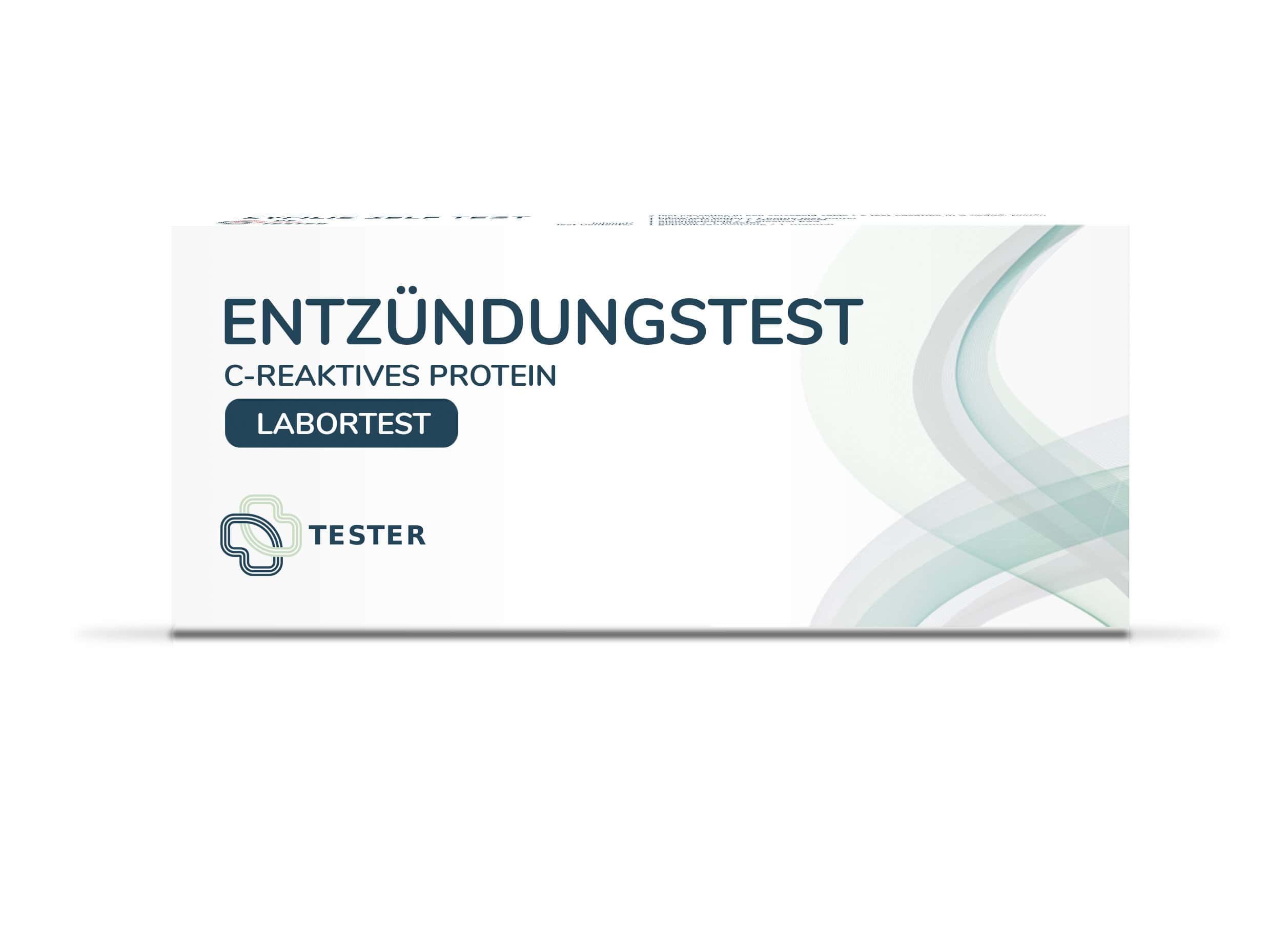 Weiße Verpackung mit Aufschrift: Entzündungstest, C-reaktives Protein, Labortest. Logo und Schriftzug Tester.